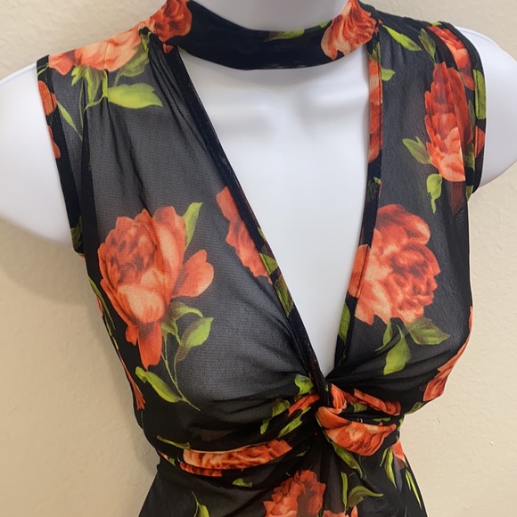Black Red Floral Sleeveless Mesh Bodysuit L - Picture 3 of 5